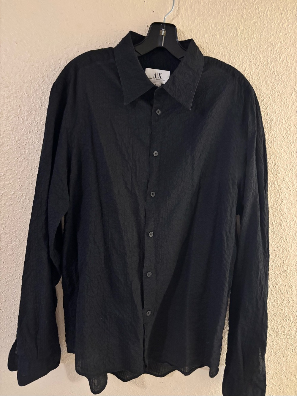 Armani Exchange Black Cotton Seersucker Oversized Men's Shirt